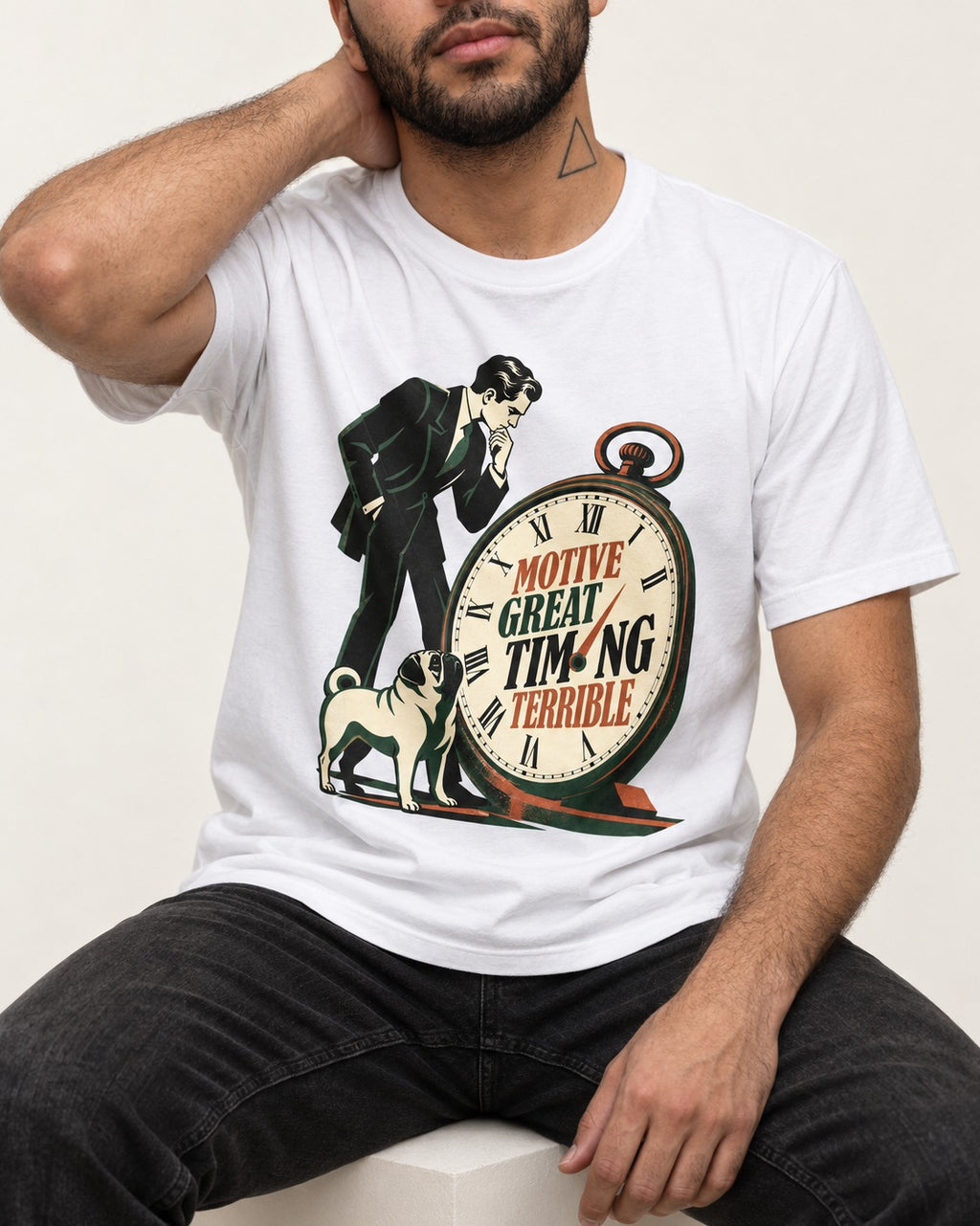 Pug Great Motive Terrible Timing T-Shirt in White, worn by a seated model