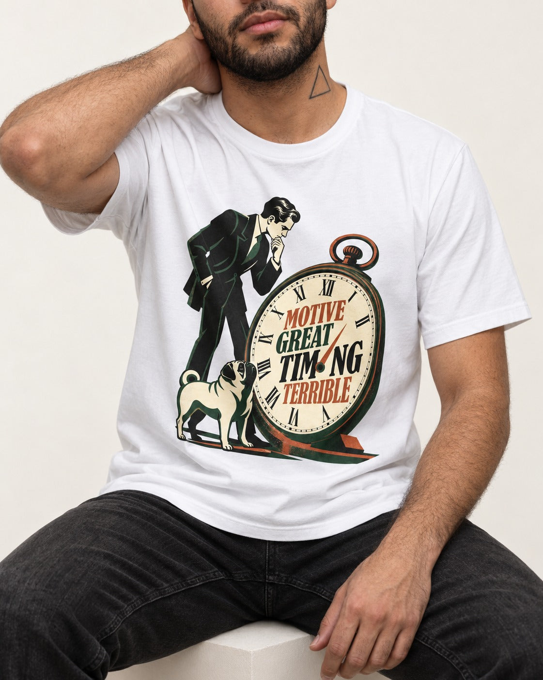 Pug Great Motive Terrible Timing T-Shirt in White, worn by a seated model