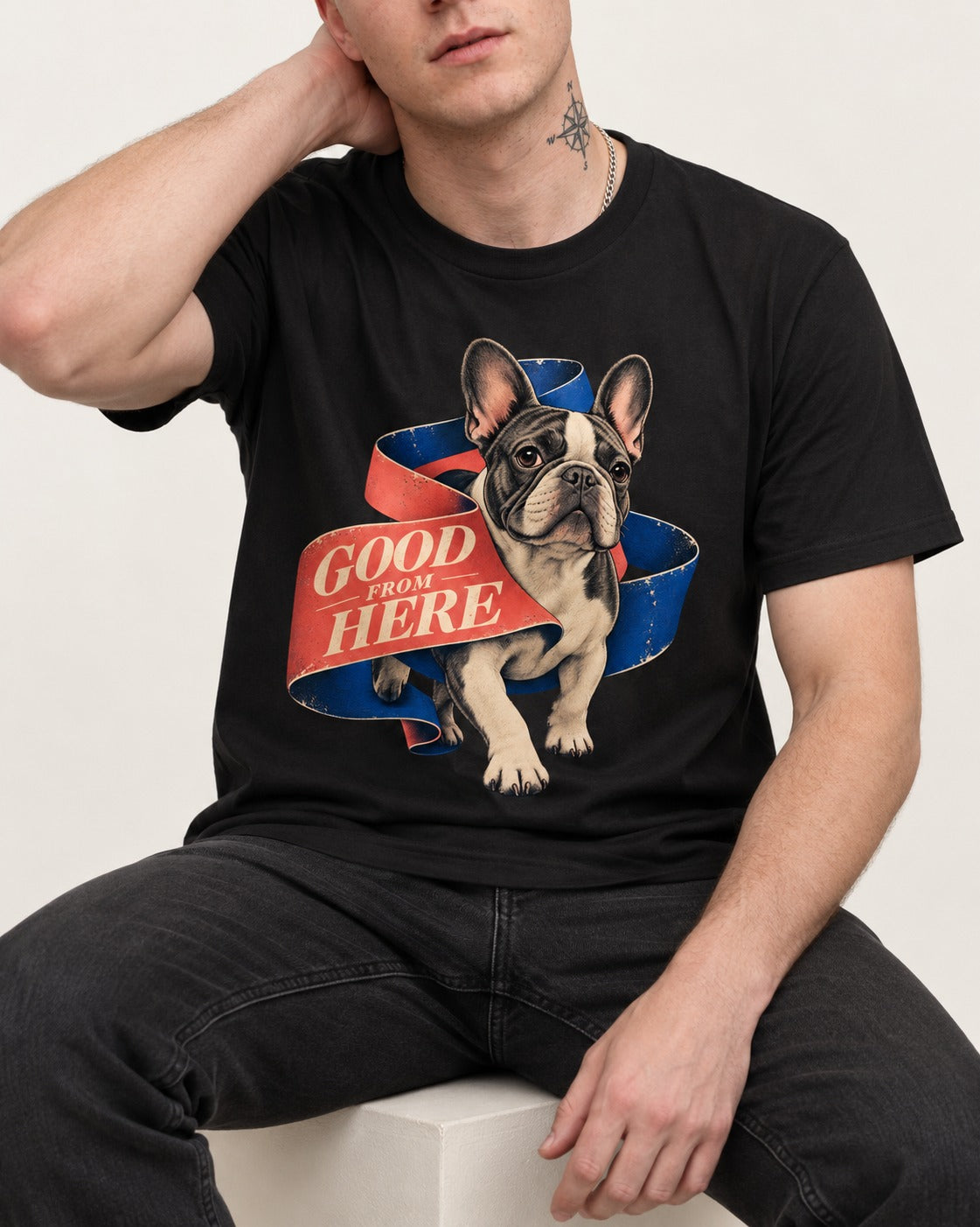 Frenchie Good From Here Ribbon Graphic T-Shirt in Black, worn by a seated model