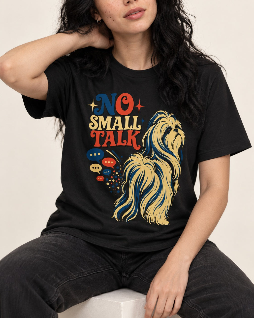 Shih Tzu No Small Talk Speech Bubble Graphic T-Shirt in Black, worn by a seated model