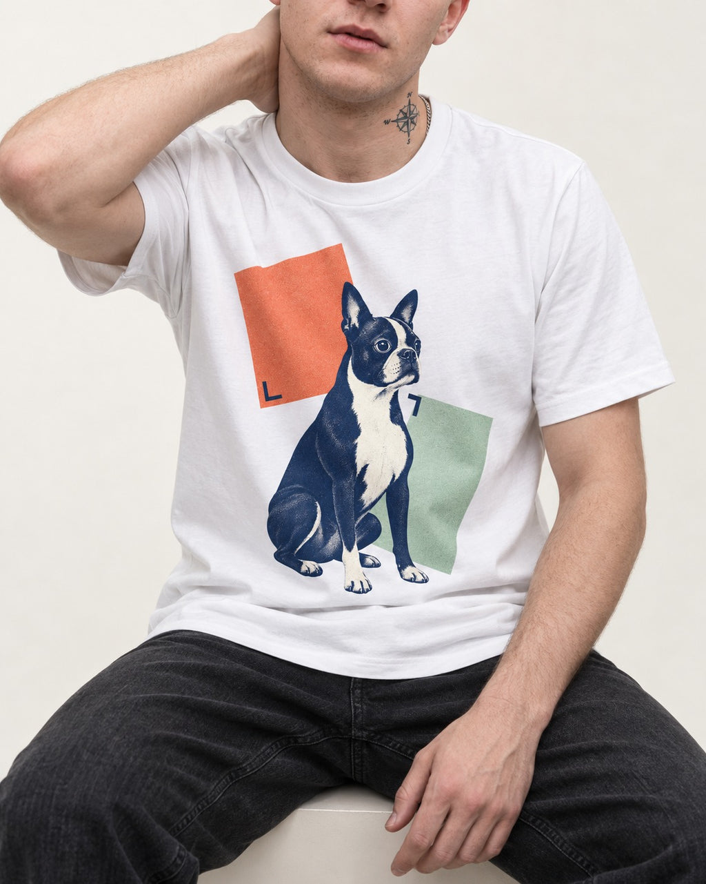 Boston Terrier Quiet Confidence T-Shirt in White, worn by a seated model