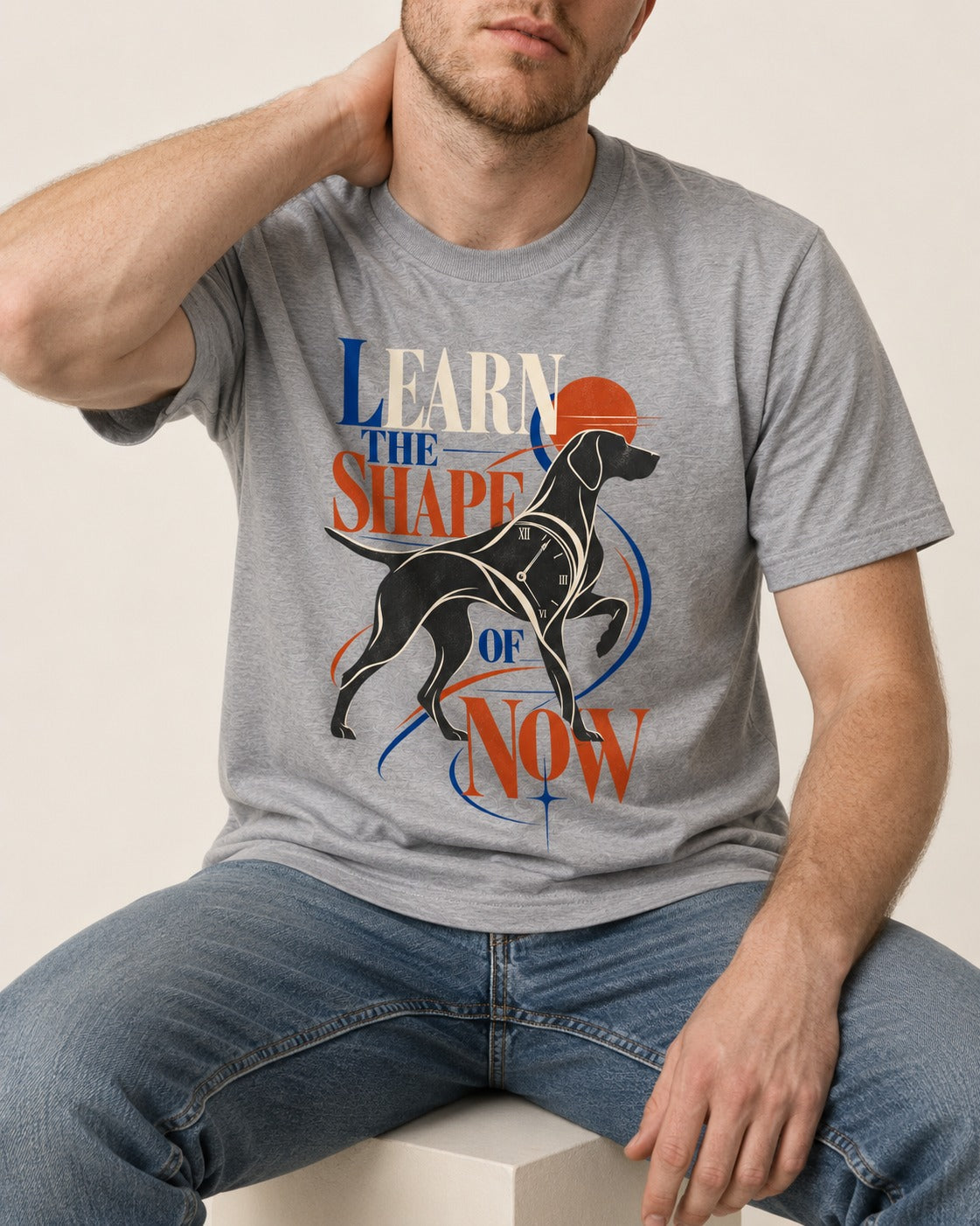 German Shorthaired Pointer Learn the Shape of Now Clock Graphic T-Shirt in Sport Grey, worn by a seated model