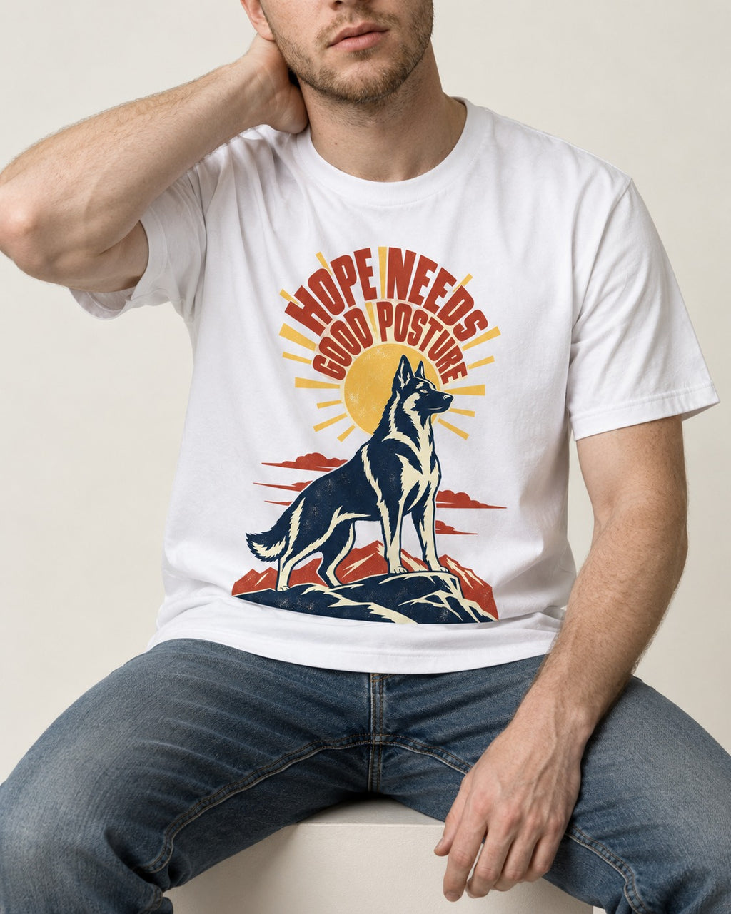 Hope Needs Good Posture German Shepherd Dog T-Shirt in White, worn by a seated model