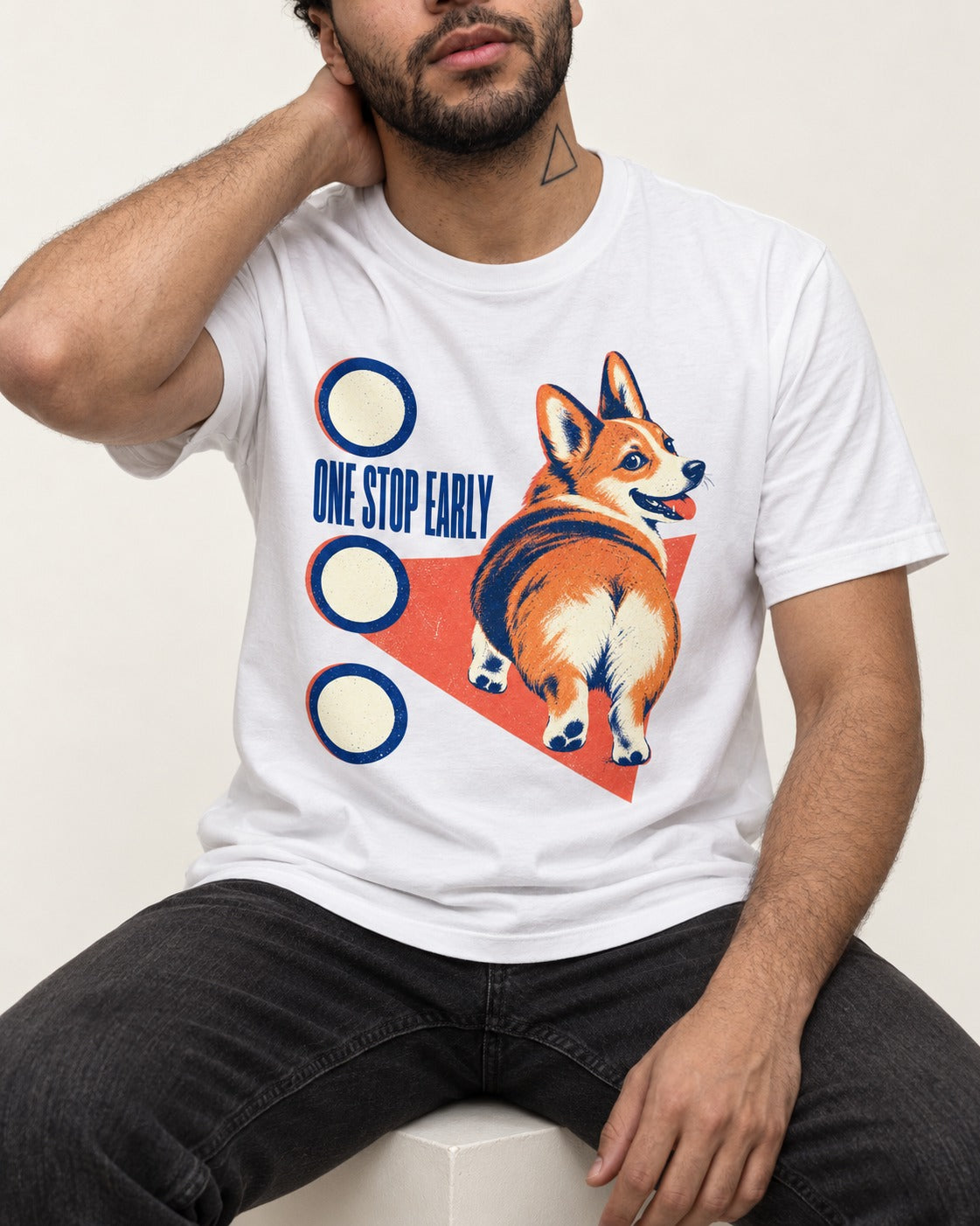 One Stop Early Corgi T-Shirt in White, worn by a seated model