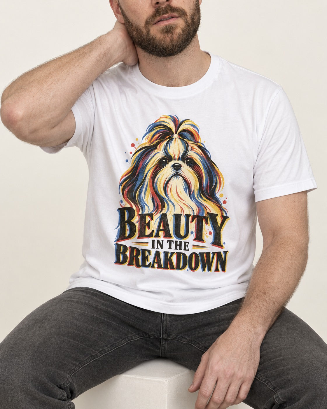Shih Tzu Beauty in the Breakdown T-Shirt in White, worn by a seated model