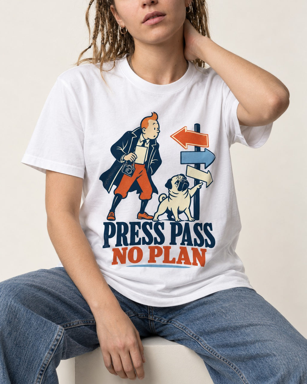Pug Press Pass No Plan T-Shirt in White, worn by a seated model