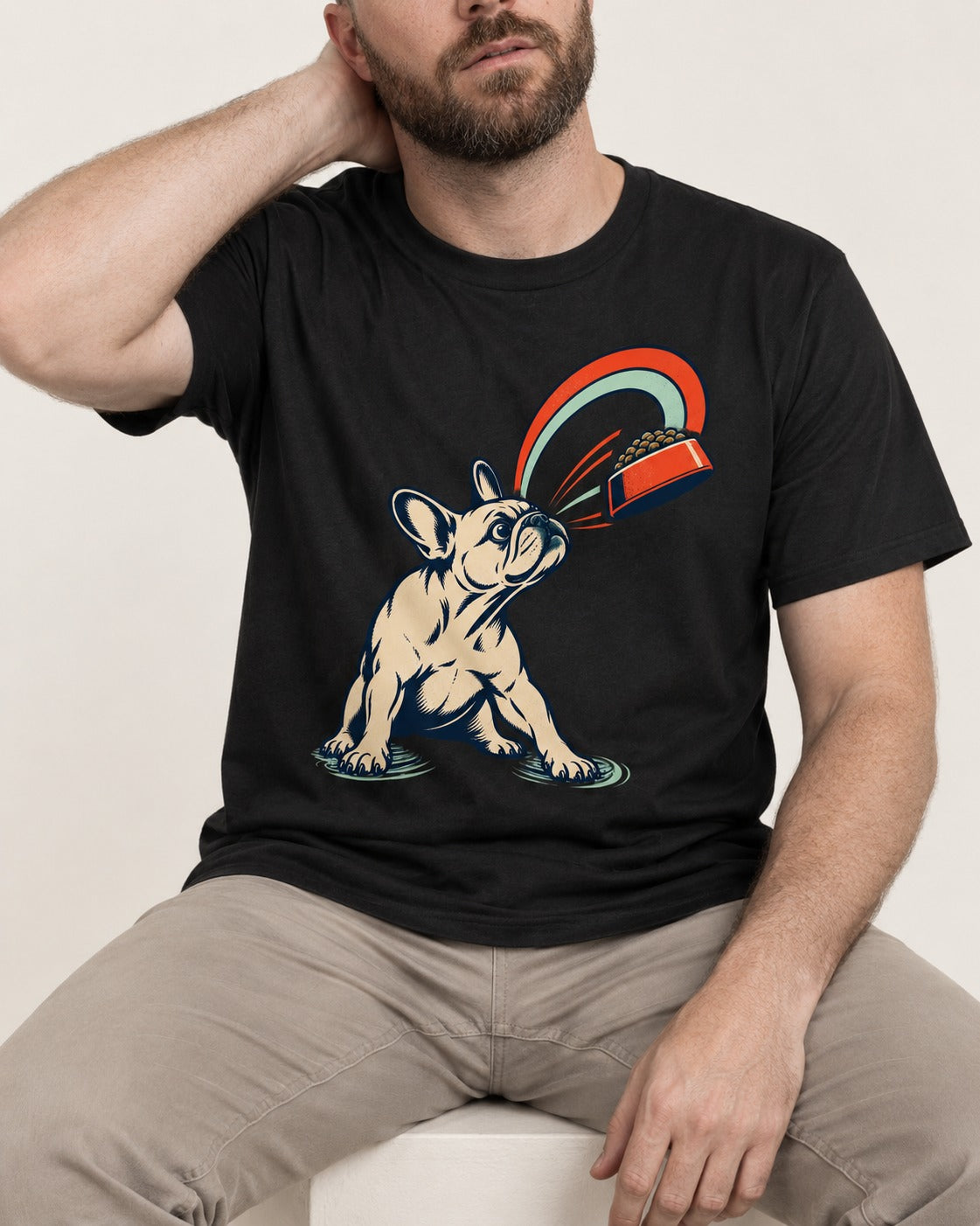 Frenchie Dinner Magnet Graphic T-Shirt in Black, worn by a seated model
