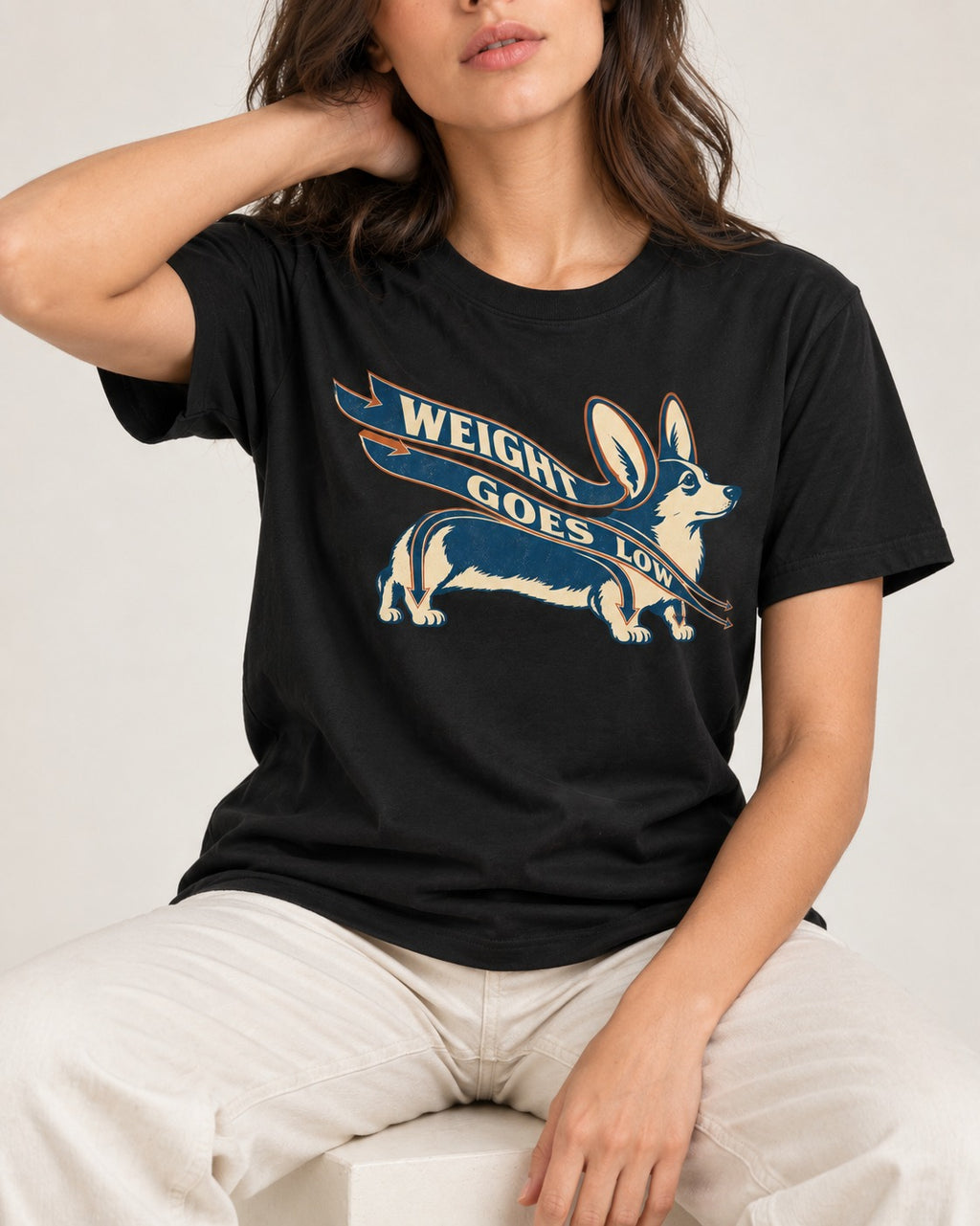Corgi Weight Goes Low Ribbon Arrow Graphic T-Shirt in Black, worn by a seated model