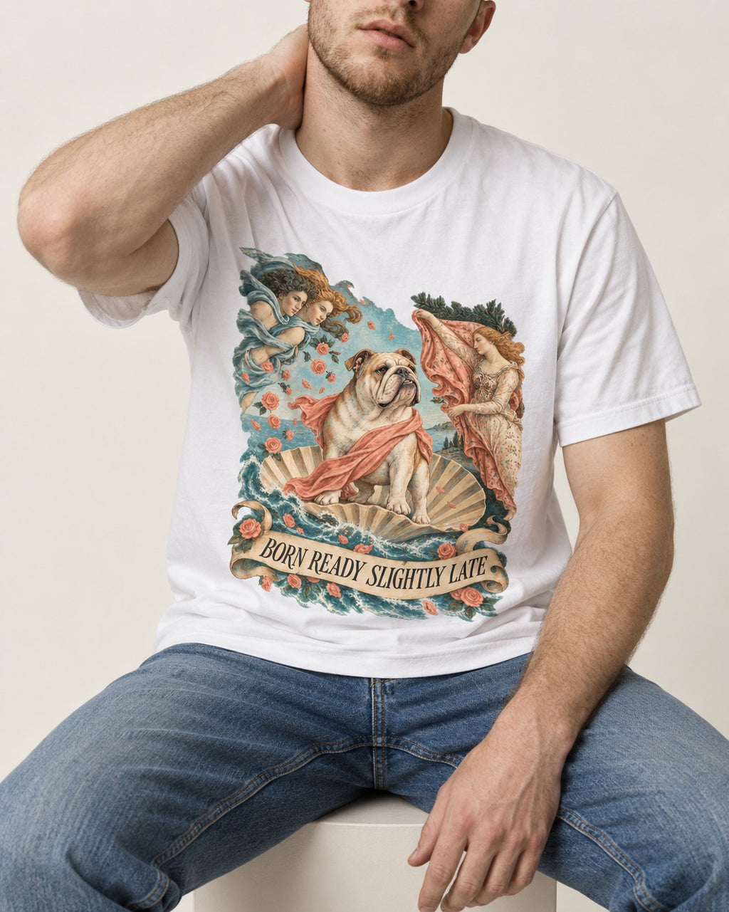 Born Ready Slightly Late English Bulldog T-Shirt in White, worn by a seated model