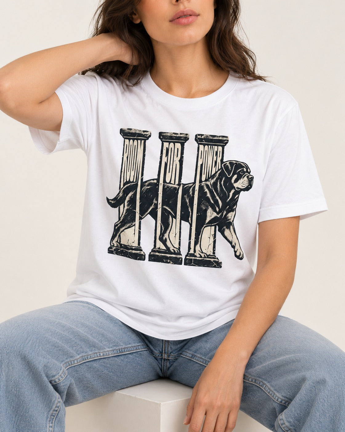 Room for Rottweiler Power T-Shirt in White, worn by a seated model