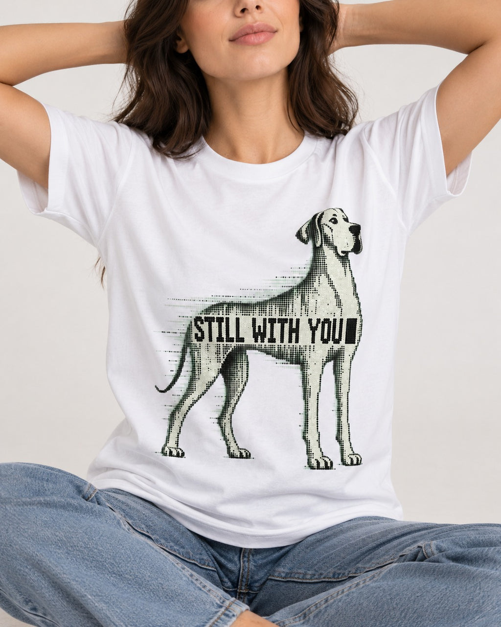 Still with You Great Dane T-Shirt in White, worn by a seated model