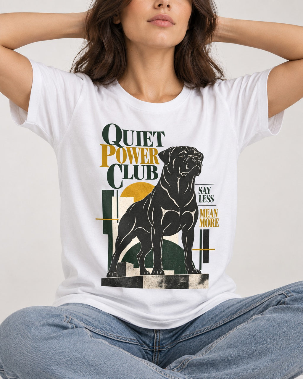 Rottweiler Quiet Power Club T-Shirt in White, worn by a seated model