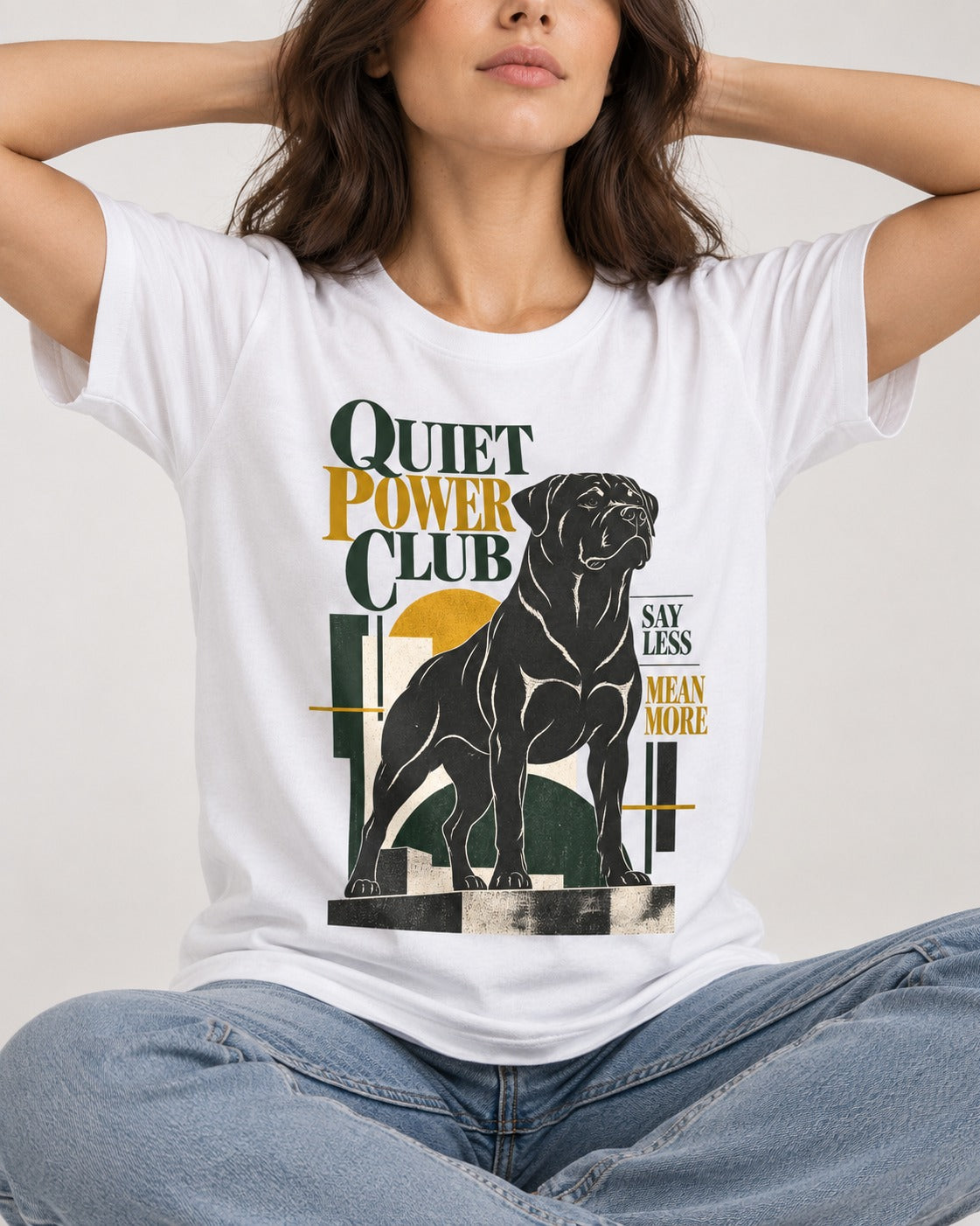 Rottweiler Quiet Power Club T-Shirt in White, worn by a seated model