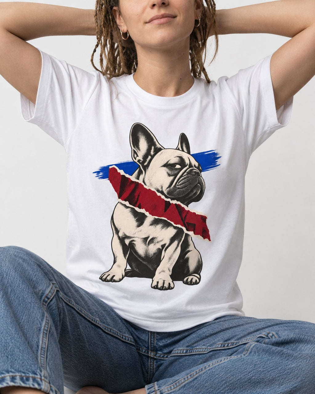 Frenchie Punk T-Shirt in White, worn by a seated model
