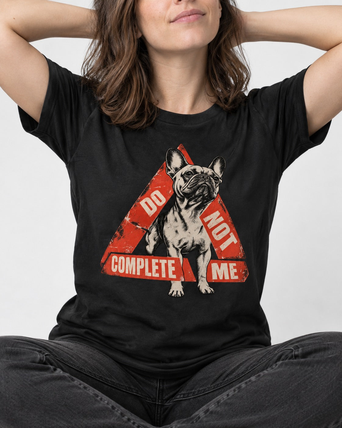 Frenchie Do Not Complete Me Warning Triangle Graphic T-Shirt in Black, worn by a seated model