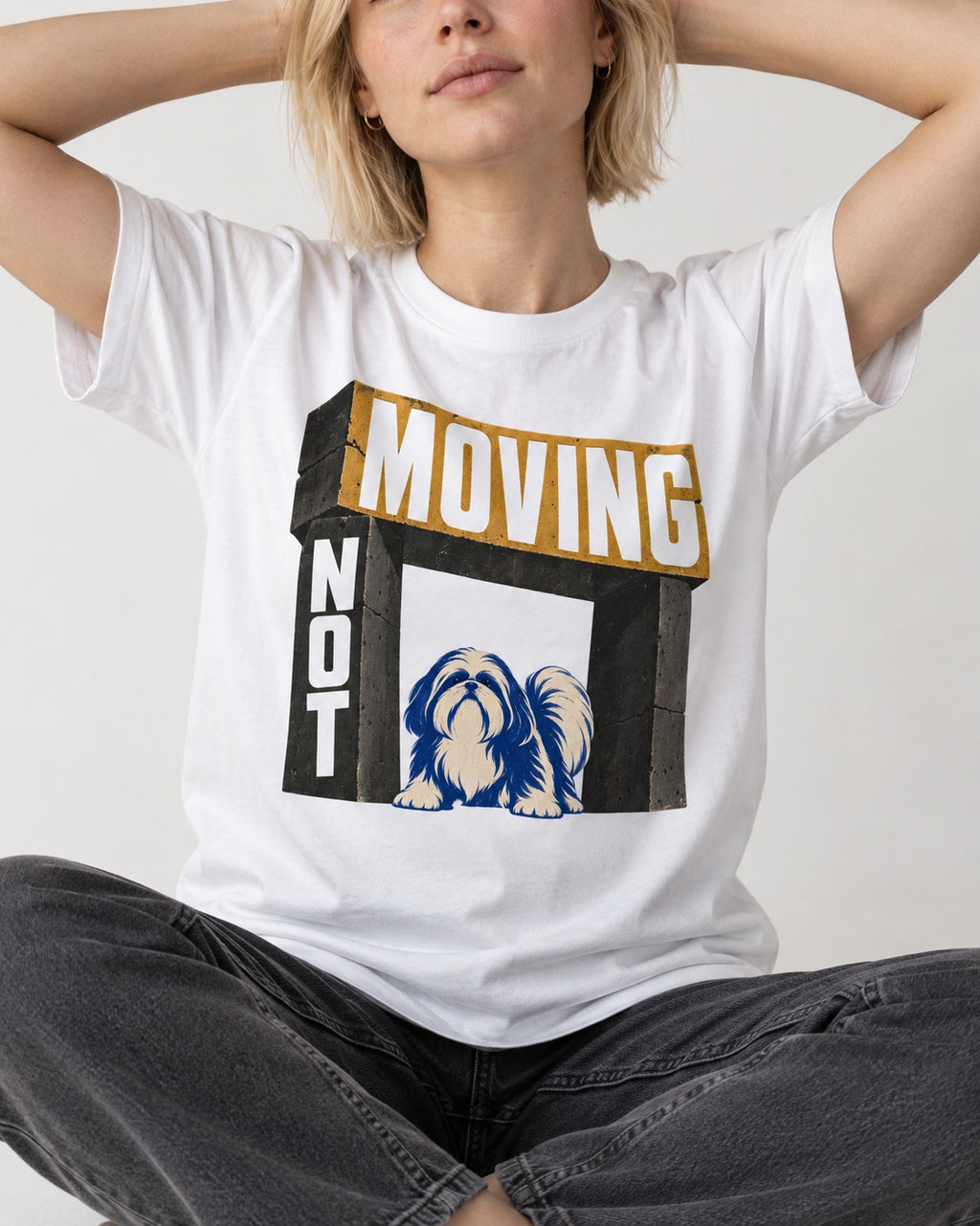 Not Moving Shih Tzu T-Shirt in White, worn by a seated model