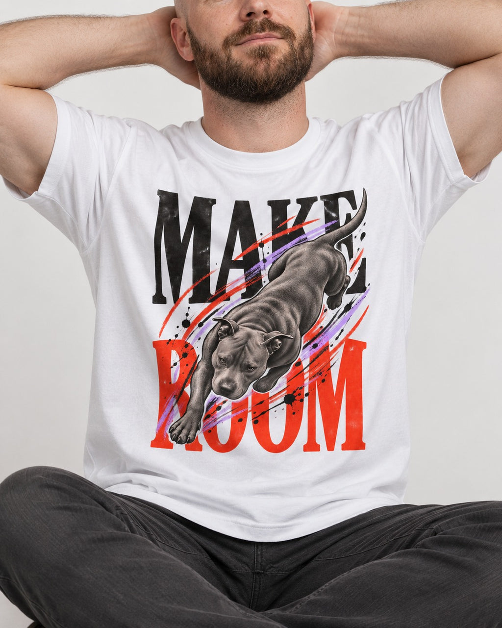 Make Room for Pitbull T-Shirt in White, worn by a seated model