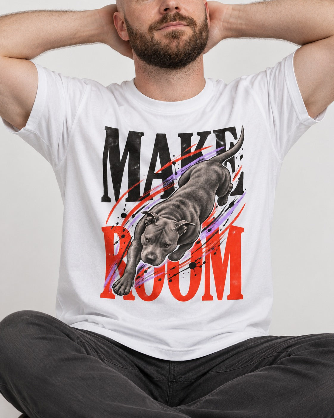 Make Room for Pitbull T-Shirt in White, worn by a seated model
