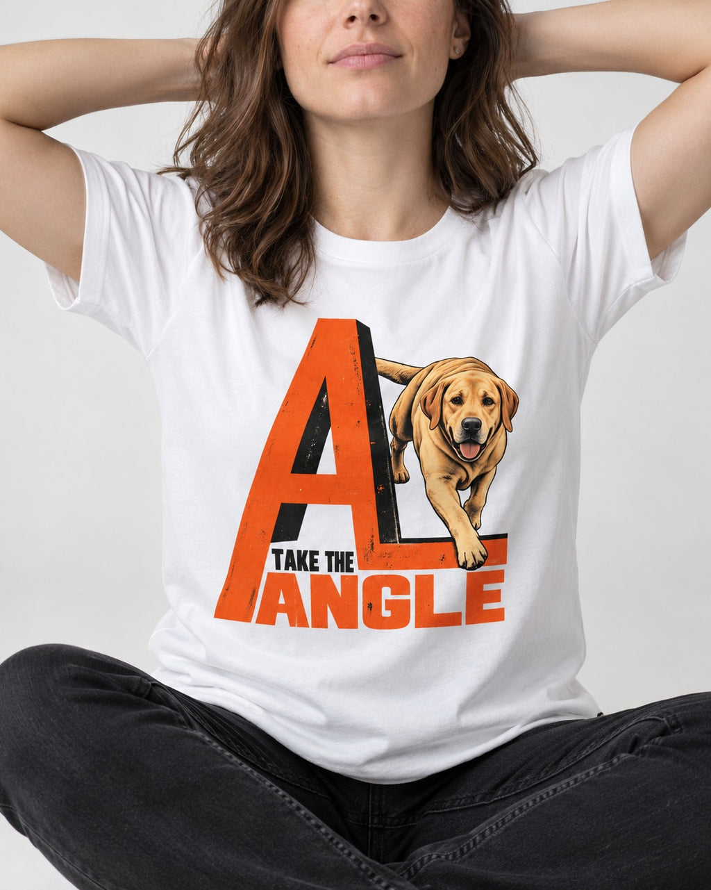 Take the Angle Labrador Retriever T-Shirt in White, worn by a seated model