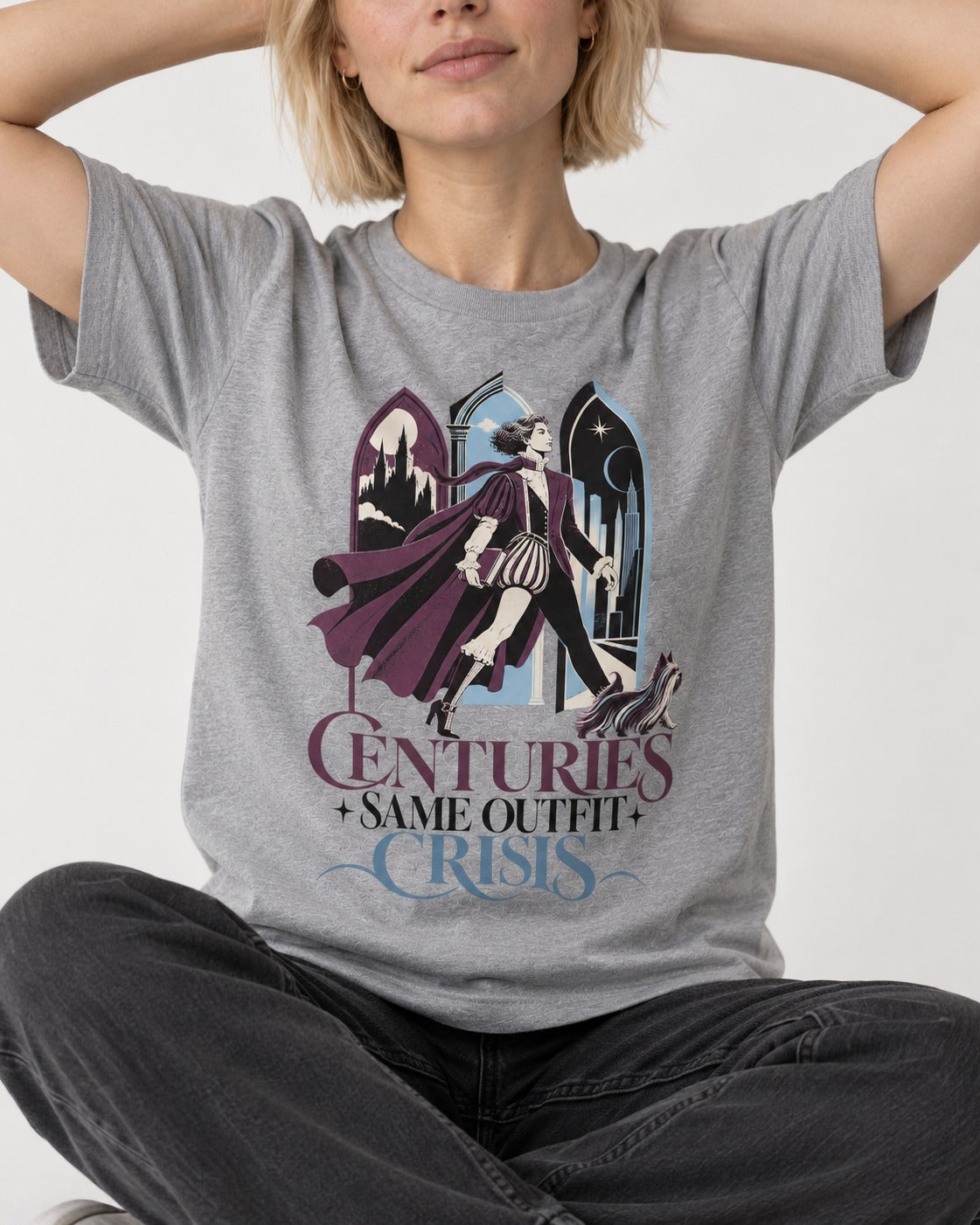 Yorkshire Terrier Centuries Same Outfit Crisis Gothic Graphic T-Shirt in Sport Grey, worn by a seated model