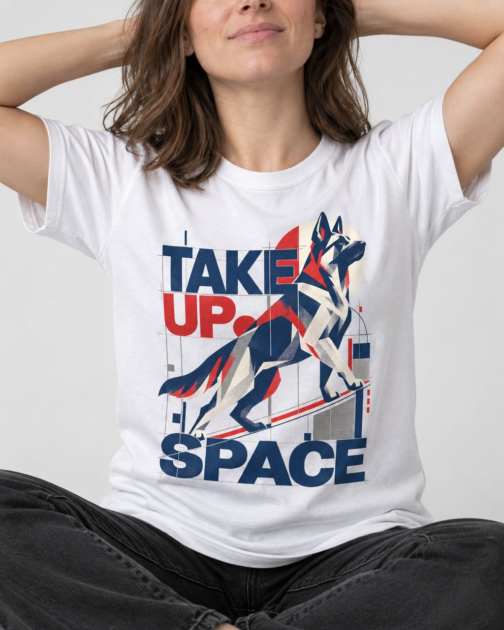 Take Up Space German Shepherd Dog T-Shirt in White, worn by a seated model