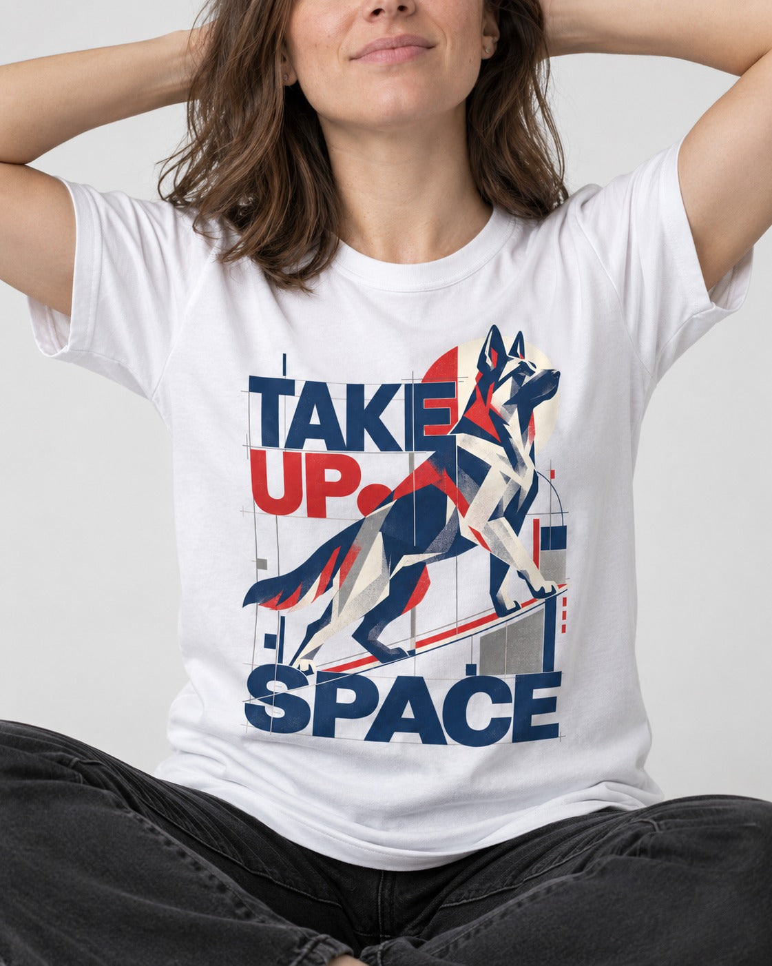 Take Up Space German Shepherd Dog T-Shirt in White, worn by a seated model