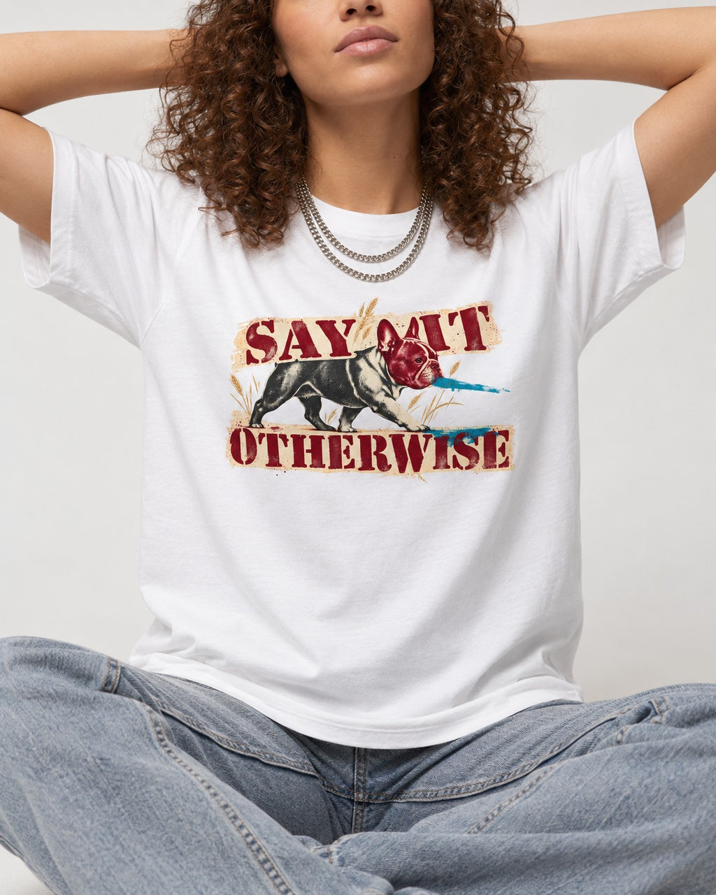 Say It Otherwise Frenchie T-Shirt in White, worn by a seated model