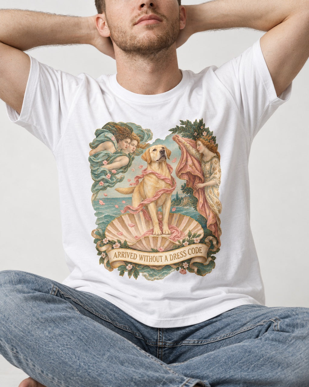 Labrador Retriever Without a Dress Code T-Shirt in White, worn by a seated model