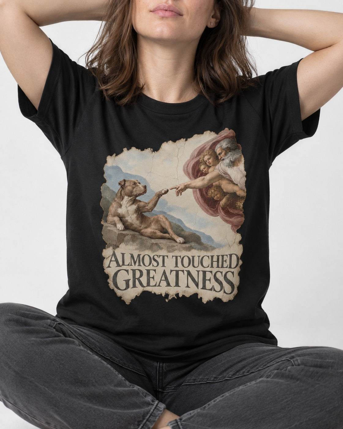 Pitbull Almost Touched Greatness Creation Parody Graphic T-Shirt in Black, worn by a seated model