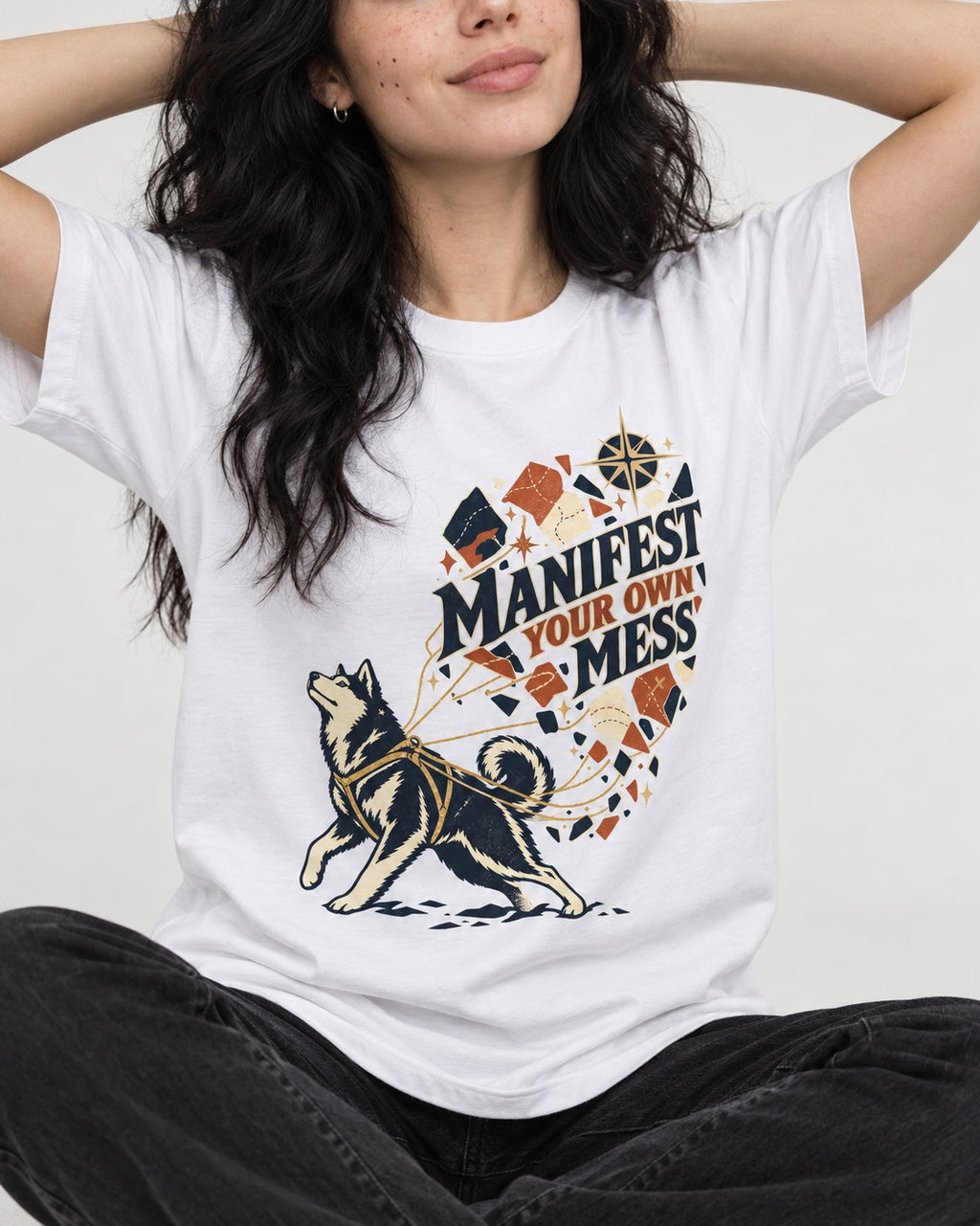 Husky Manifest Your Own Mess T-Shirt in White, worn by a seated model