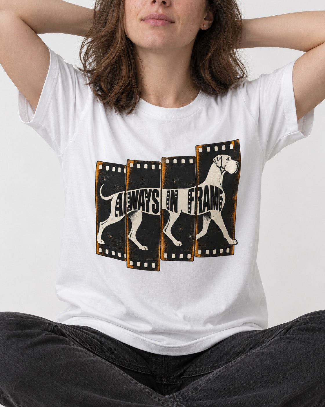 Great Dane Always in Frame T-Shirt in White, worn by a seated model