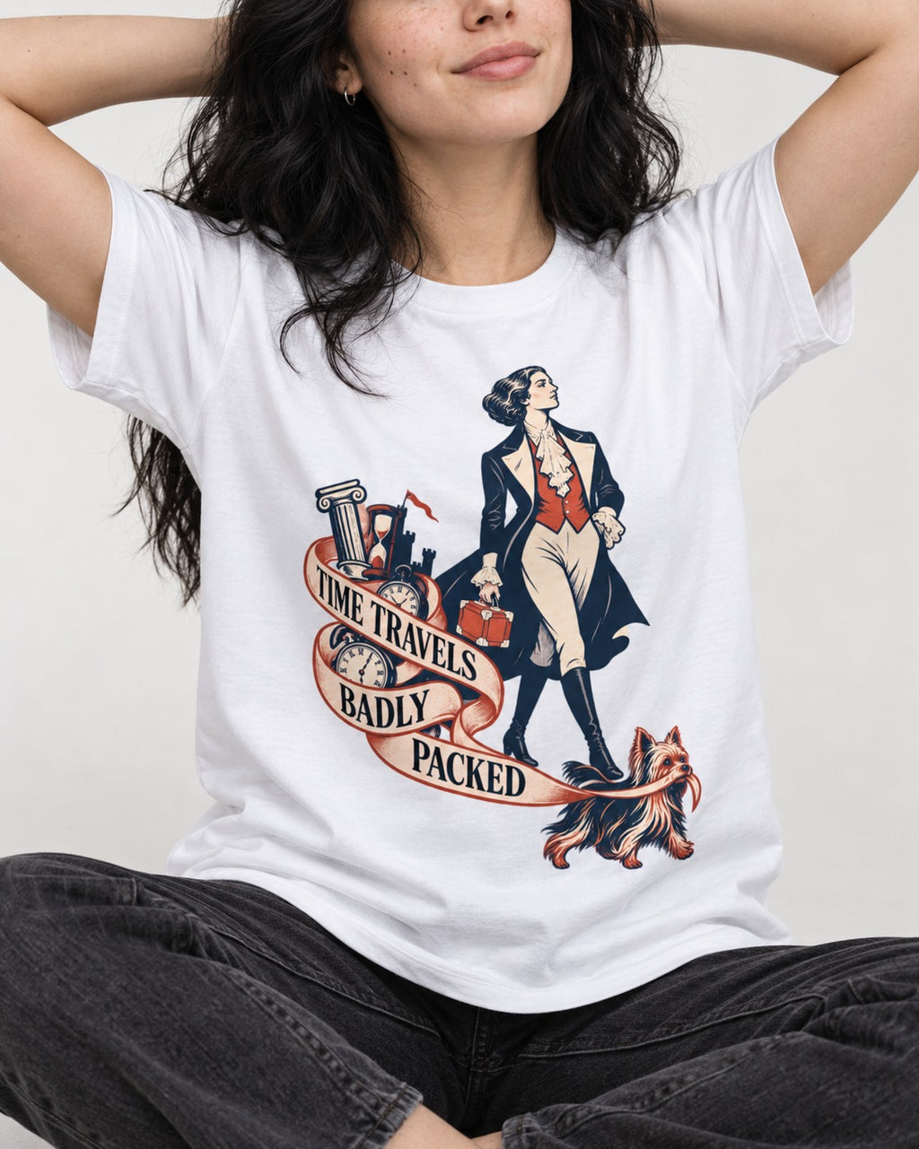 Time Travels Badly Packed Yorkshire Terrier T-Shirt in White, worn by a seated model