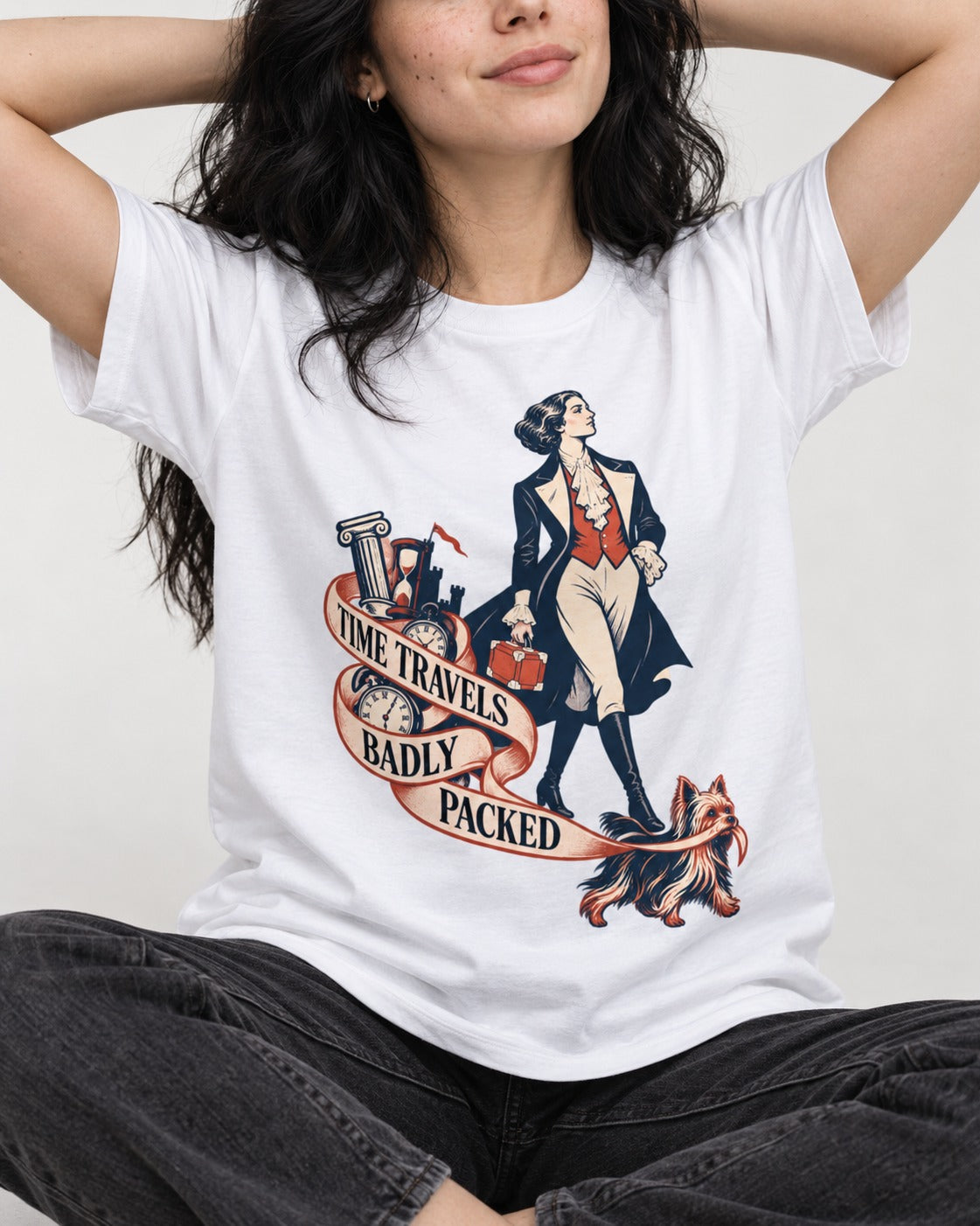 Time Travels Badly Packed Yorkshire Terrier T-Shirt in White, worn by a seated model