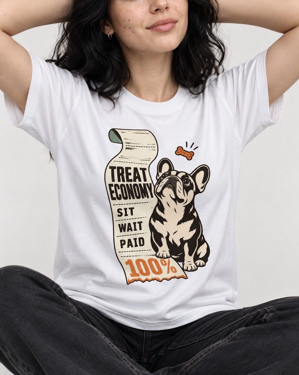 Sit Wait Paid Frenchie T-Shirt in White, worn by a seated model