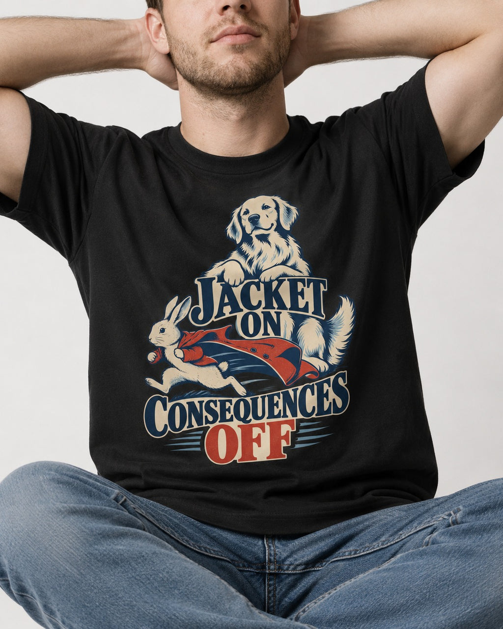 Golden Retriever Jacket On Consequences Off Rabbit Chase Graphic T-Shirt in Black, worn by a seated model