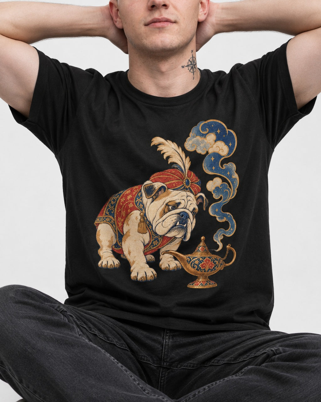 English Bulldog Magic Lamp Genie Graphic T-Shirt in Black, worn by a seated model