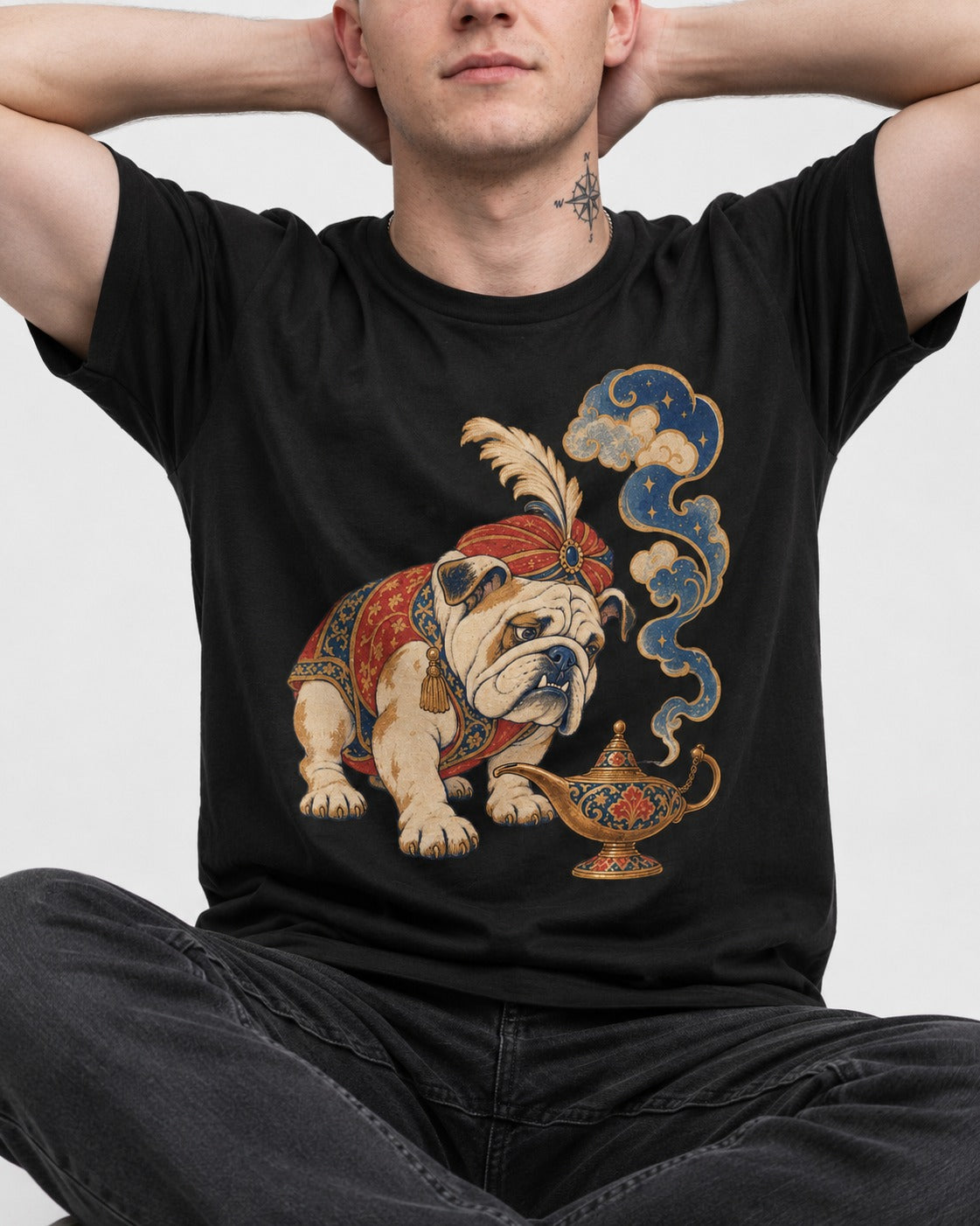 English Bulldog Magic Lamp Genie Graphic T-Shirt in Black, worn by a seated model