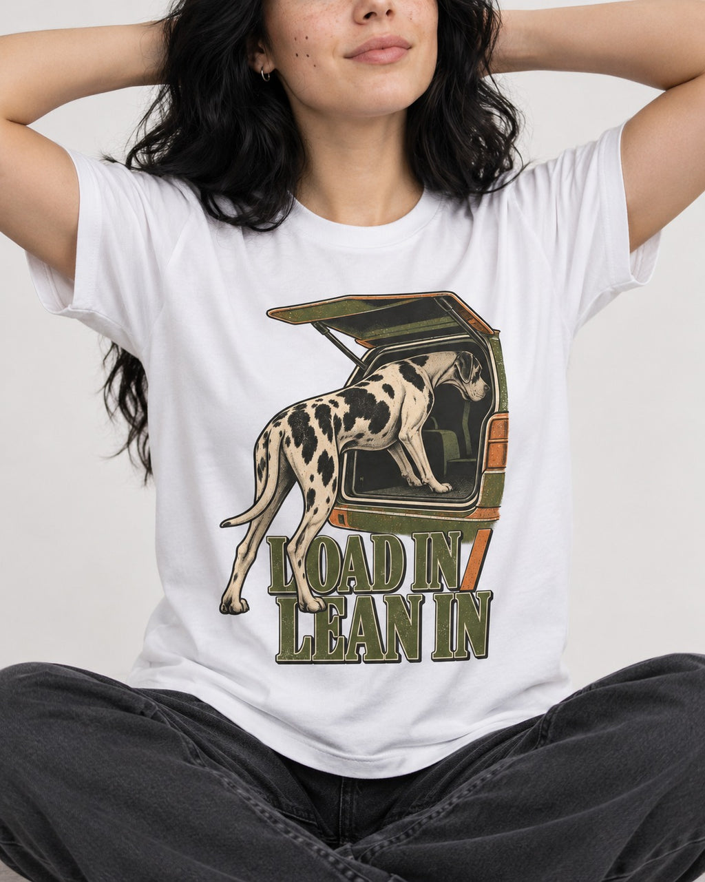 Great Dane Loadin' Leanin' T-Shirt in White, worn by a seated model