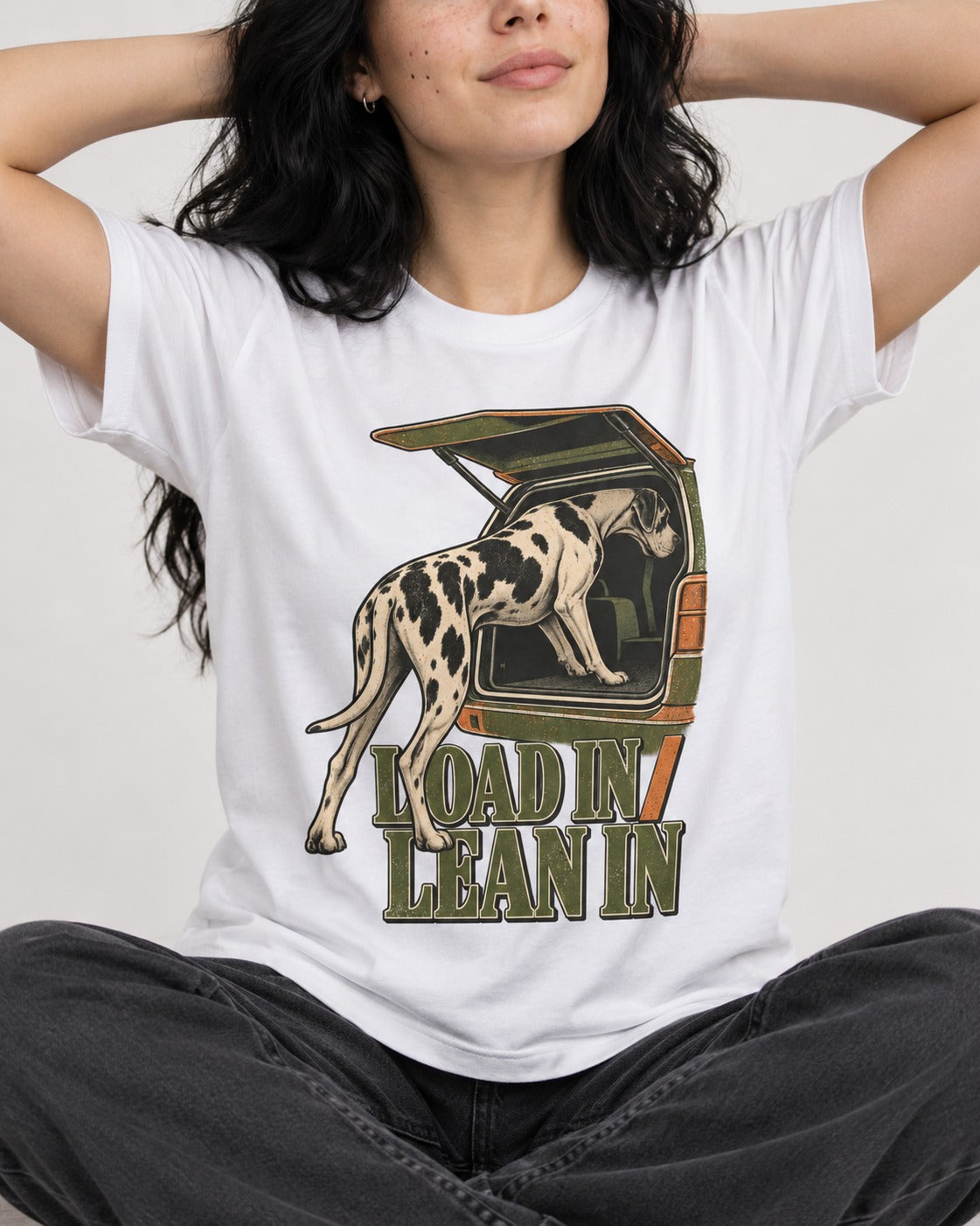 Great Dane Loadin' Leanin' T-Shirt in White, worn by a seated model