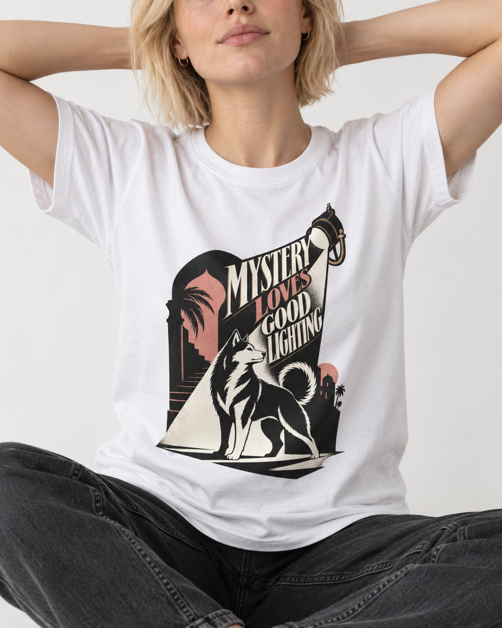 Husky Loves Good Lighting T-Shirt in White, worn by a seated model
