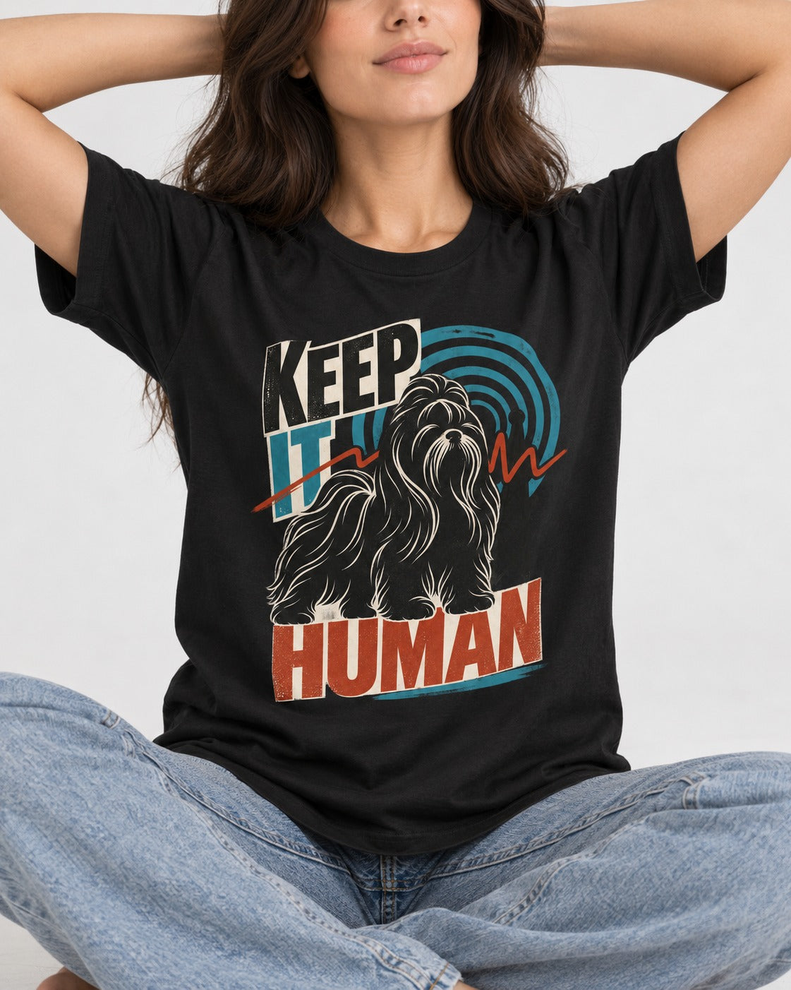 Shih Tzu Keep It Human Radio Signal Graphic T-Shirt in Black, worn by a seated model