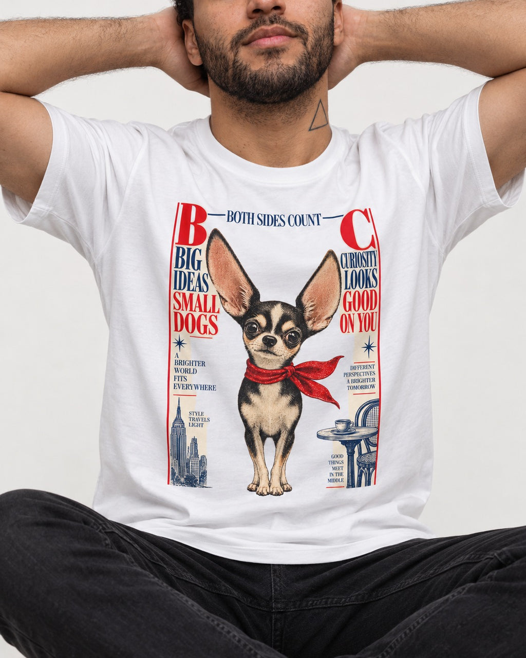 Chihuahua Big Ideas T-Shirt in White, worn by a seated model
