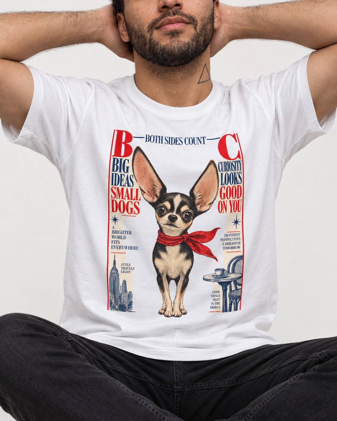 Chihuahua Big Ideas T-Shirt in White, worn by a seated model