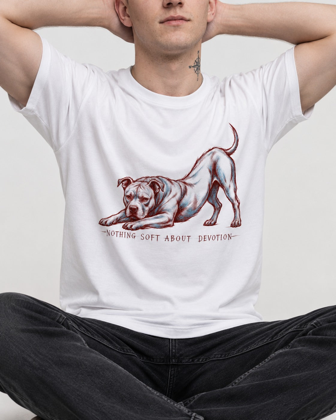 Nothing Soft About Pitbull Devotion T-Shirt in White, worn by a seated model