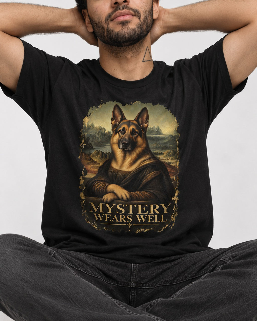 German Shepherd Dog Mystery Wears Well Renaissance Portrait T-Shirt in Black, worn by a seated model