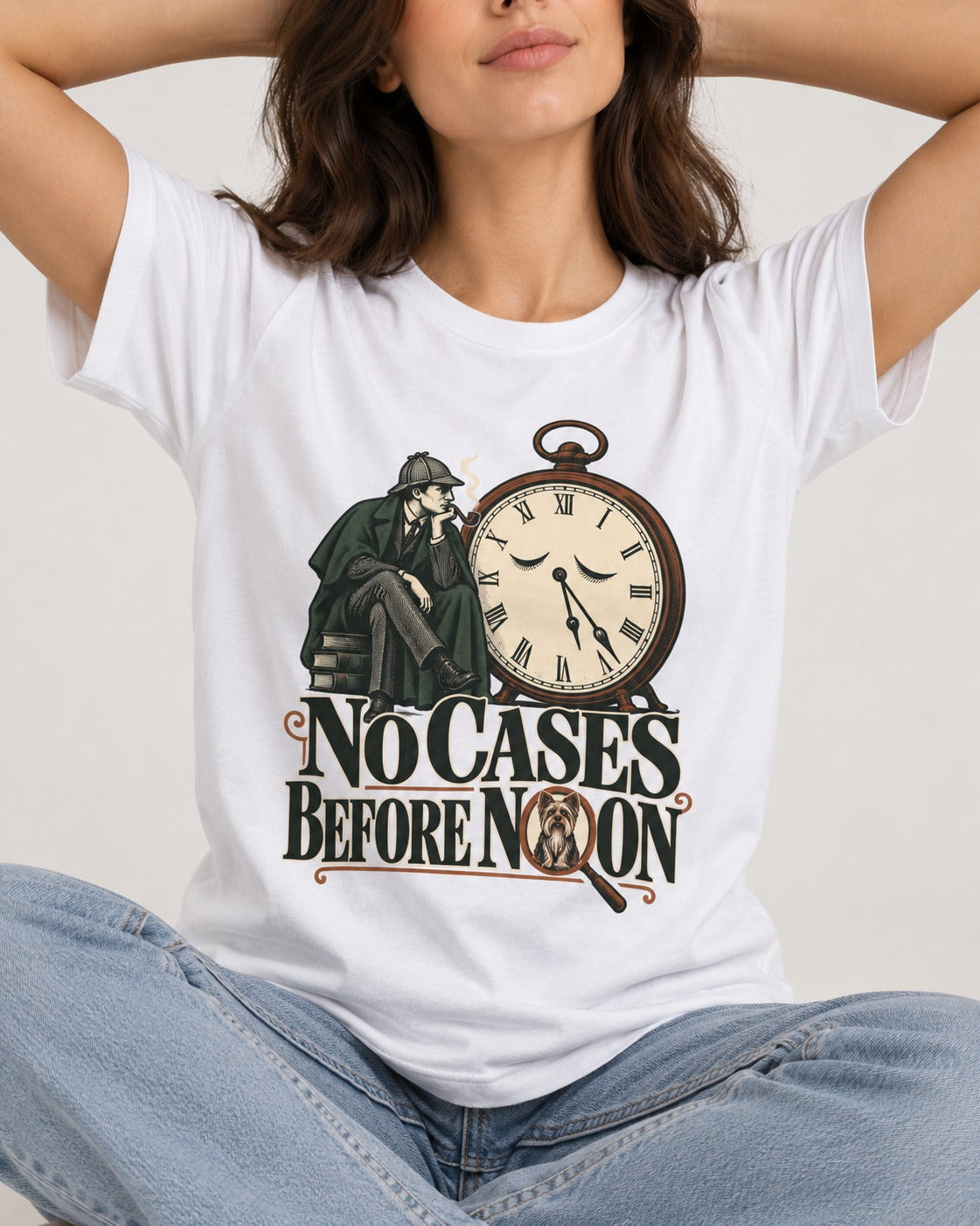 No Cases Before Noon Yorkshire Terrier T-Shirt in White, worn by a seated model