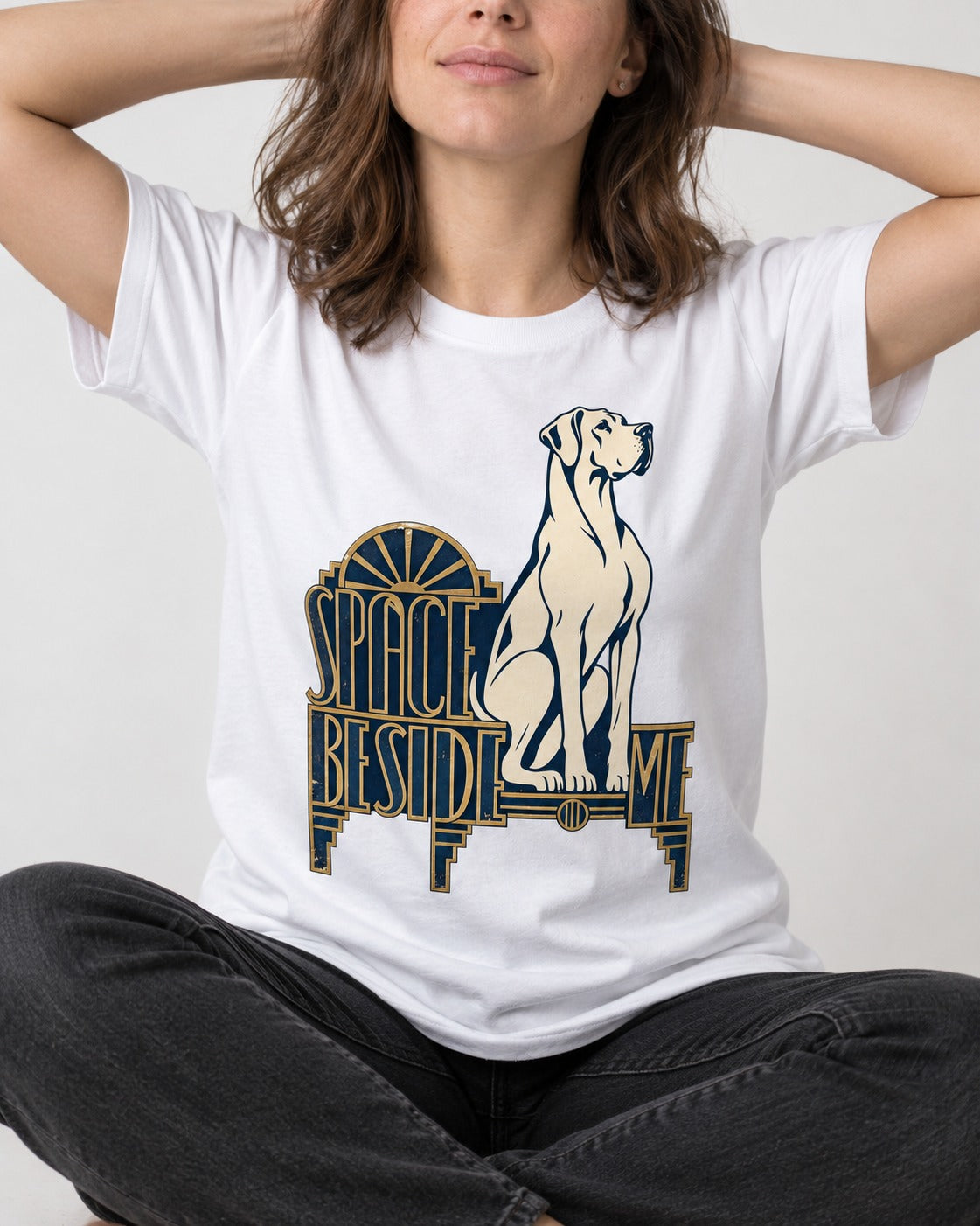 Great Dane's Space Beside Me T-Shirt in White, worn by a seated model