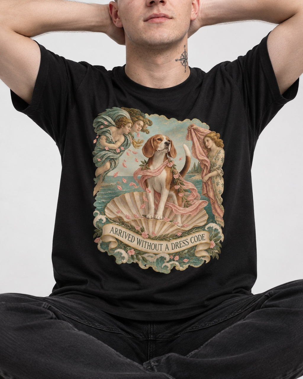 Beagle Arrived Without A Dress Code T-Shirt in Black, worn by a seated model