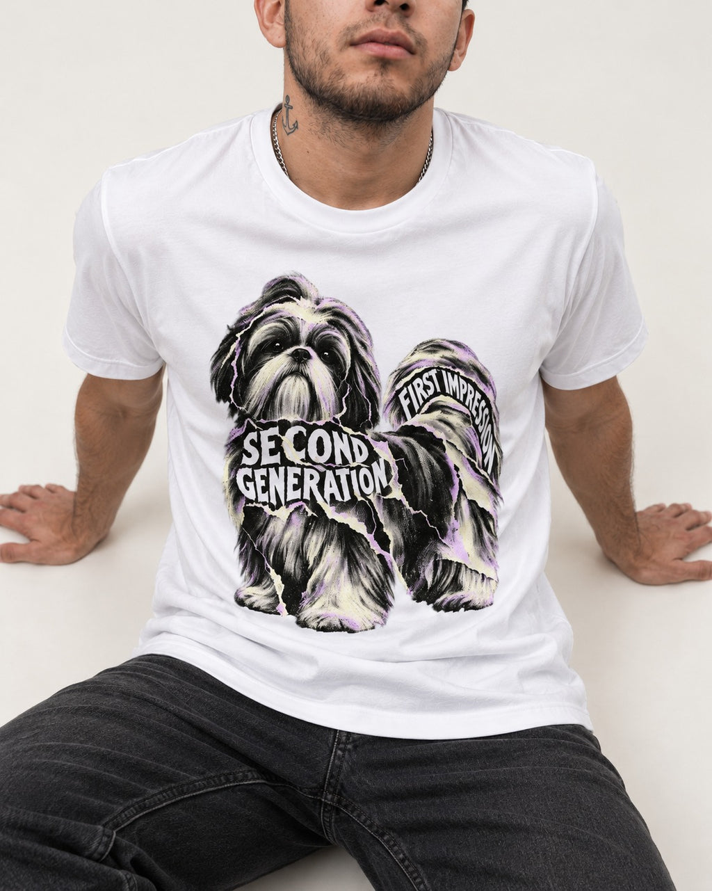 Second Generation Shih Tzu T-Shirt in White, worn by a seated model