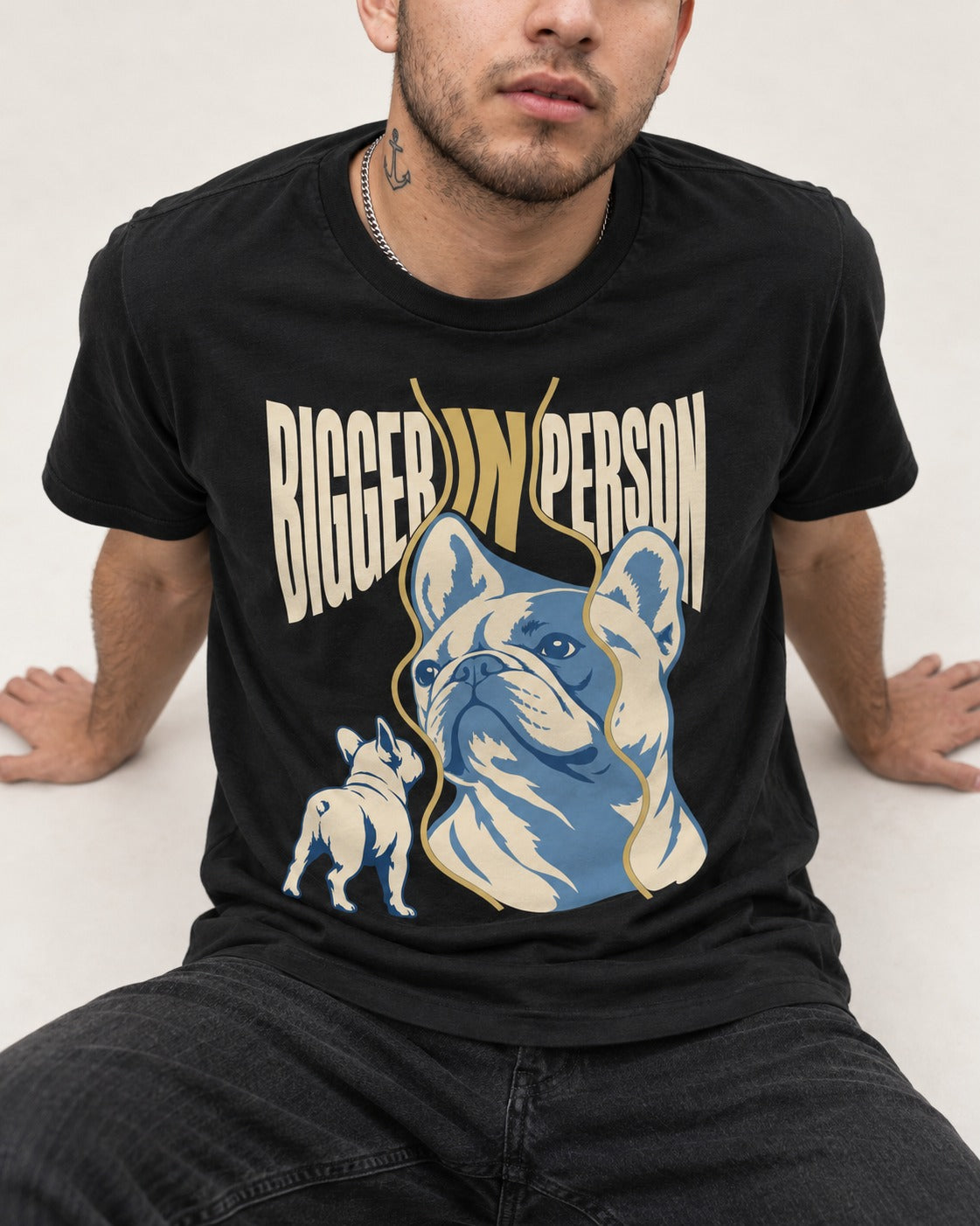Frenchie Bigger in Person Mirror Graphic T-Shirt in Black, worn by a seated model